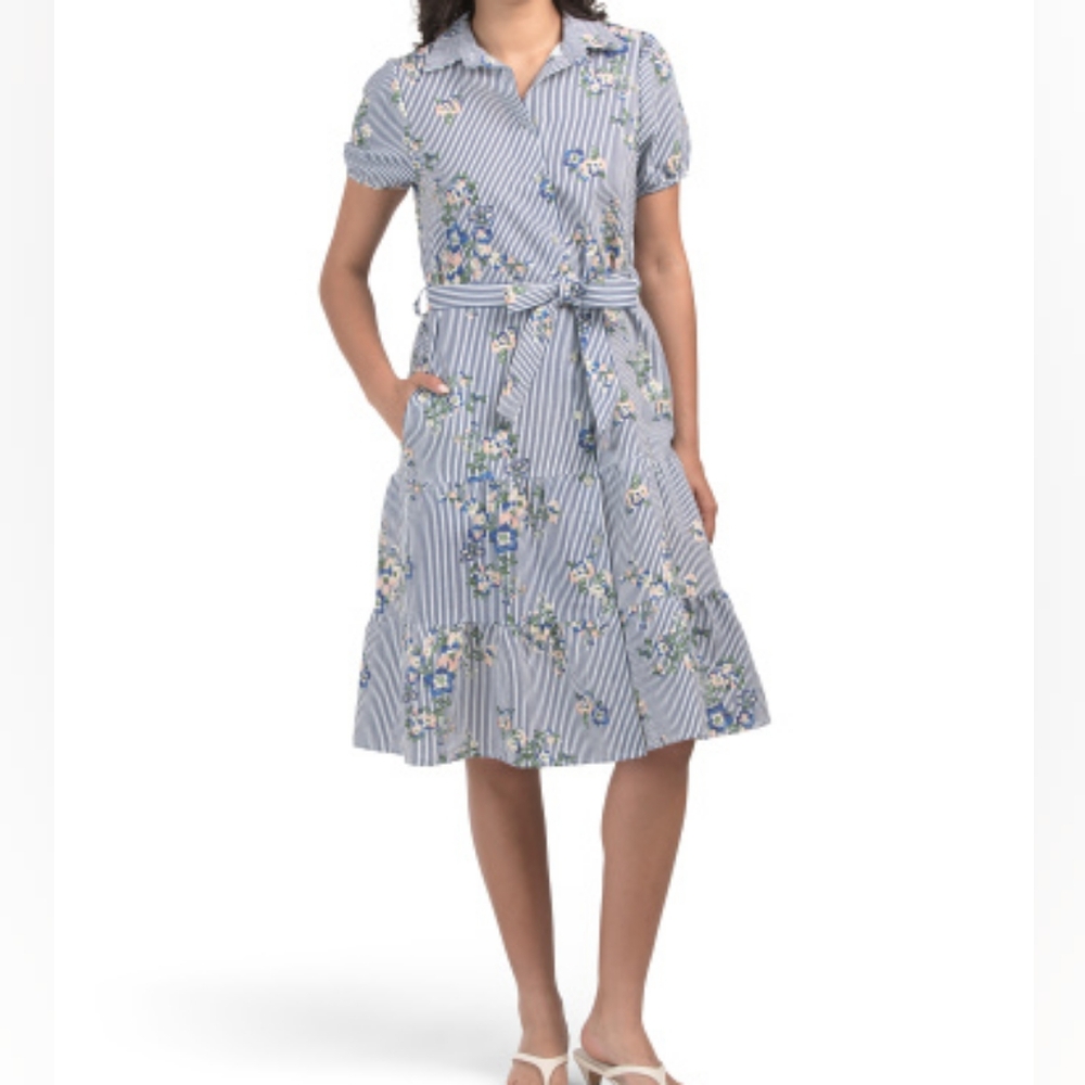 NWT - Italy Linen Blend Spighe Di Lino Striped Floral Midi Dress w Belt -Size XL